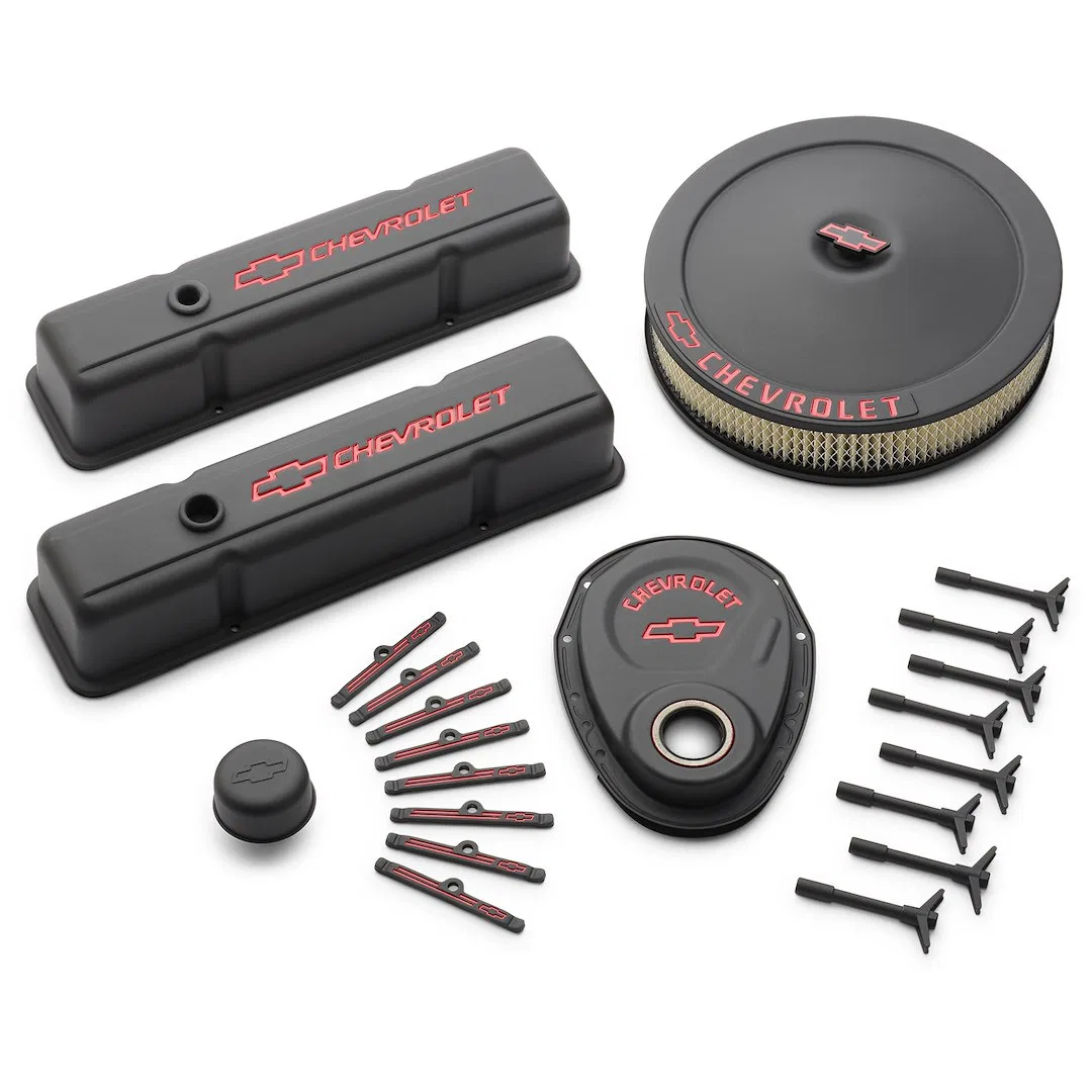 141-758 – PROFORM Engine Dress Up Kit, For Use With Small Block Chevy Black Crinkle Steel With 2 Tall Baffled Bowtie ...